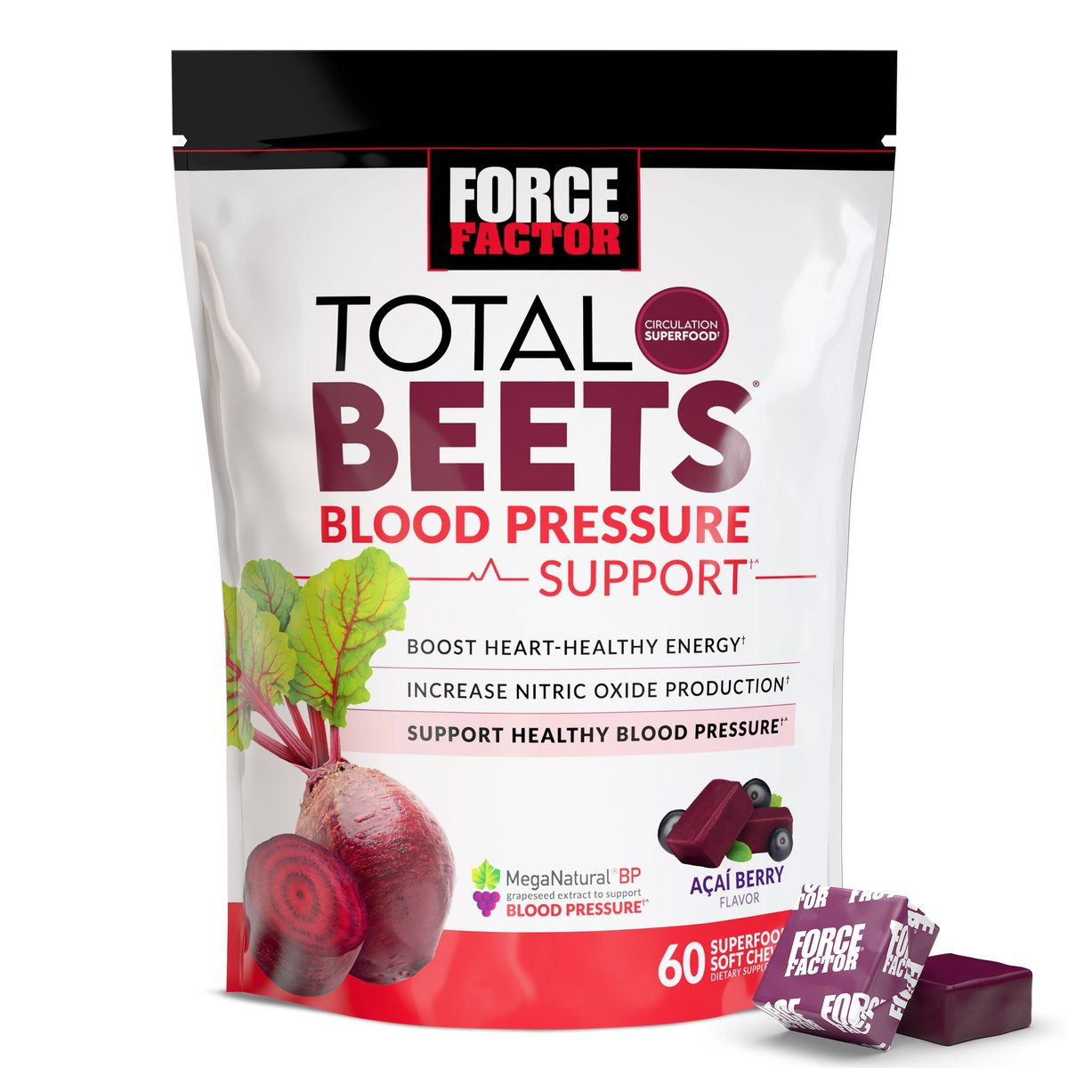 Force Factor Total Beets Blutdruck Unterstützung mit Rote-Bete-Pulver, leckere Kautabletten für herzgesunde Energie und erhöhtes Stickstoffmonoxid, 60 Kautabletten