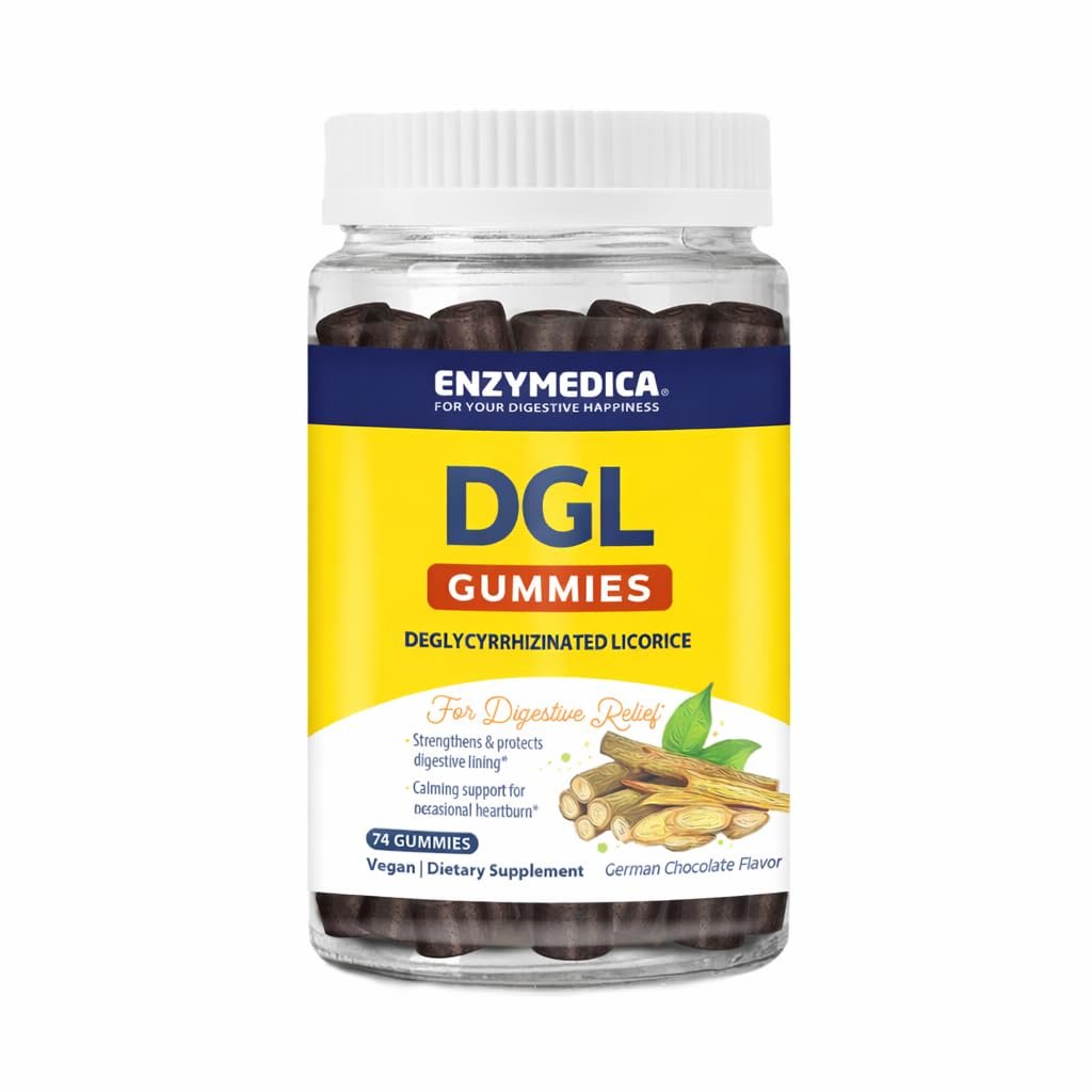 Enzymedica DGL Gummis für Männer & Frauen – DGL Deglycyrrhiziniertes Süßholzwurzel-Gummi für Verdauungsunterstützung & Darmgesundheit, beruhigt den Magen & gelegentliches Sodbrennen, glutenfrei, vegan, Schokolade – 74 Stück
