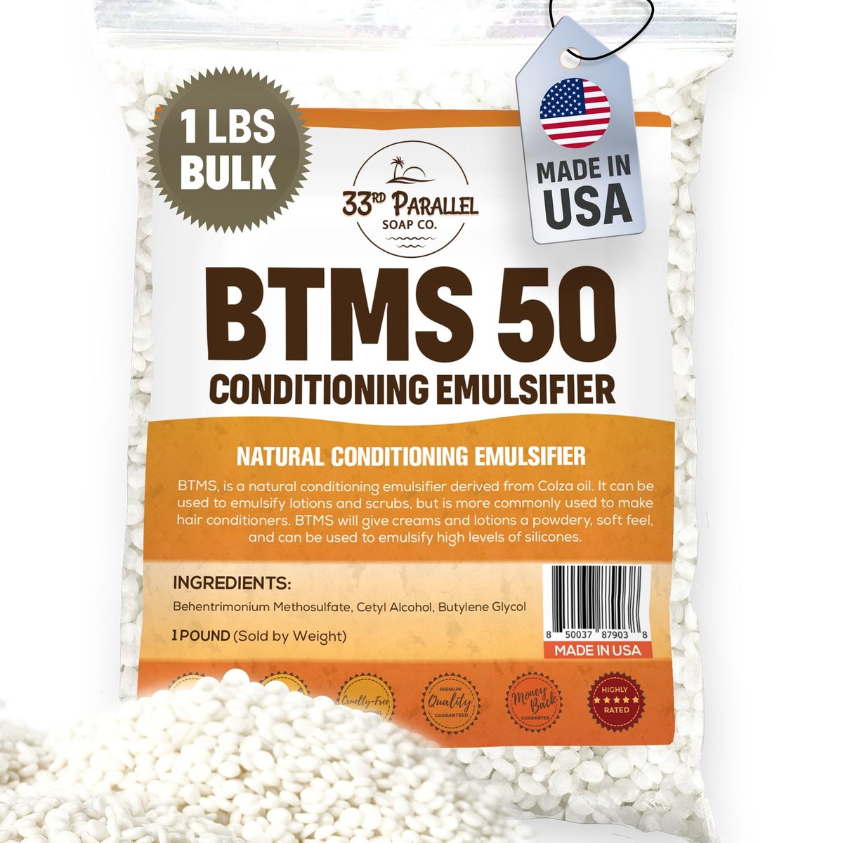 33rd PARALLEL | BTMS 50 (1 Pfund / 16 Unzen) Konditionierender Emulgator | 100 % natürlich, pflanzlich | Behentrimonium Methosulfat & Cetearylalkohol Emulgierender Conditioner | Hergestellt in den USA (1 POUND)