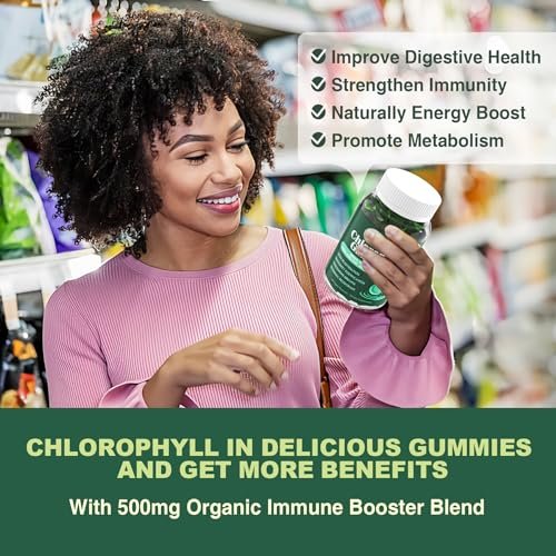 Chlorophyll Gummies - Super Green mit Weizengras, Seemoos, ungefiltertem ACV & Holunderbeere, Echinacea, Zink-Komplex & Vitamin D3, C, E, B12 für natürliches Deodorant, Immun- und Verdauungsunterstützung, 60 Kaugummis
