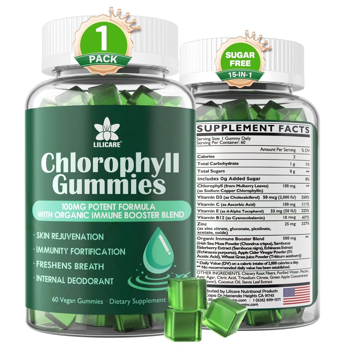 Chlorophyll Gummies - Super Green mit Weizengras, Seemoos, ungefiltertem ACV & Holunderbeere, Echinacea, Zink-Komplex & Vitamin D3, C, E, B12 für natürliches Deodorant, Immun- und Verdauungsunterstützung, 60 Kaugummis