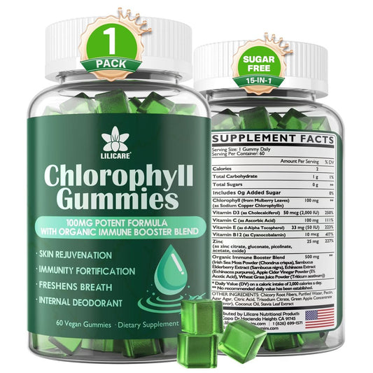 Chlorophyll Gummies - Super Green mit Weizengras, Seemoos, ungefiltertem ACV & Holunderbeere, Echinacea, Zink-Komplex & Vitamin D3, C, E, B12 für natürliches Deodorant, Immun- und Verdauungsunterstützung, 60 Kaugummis