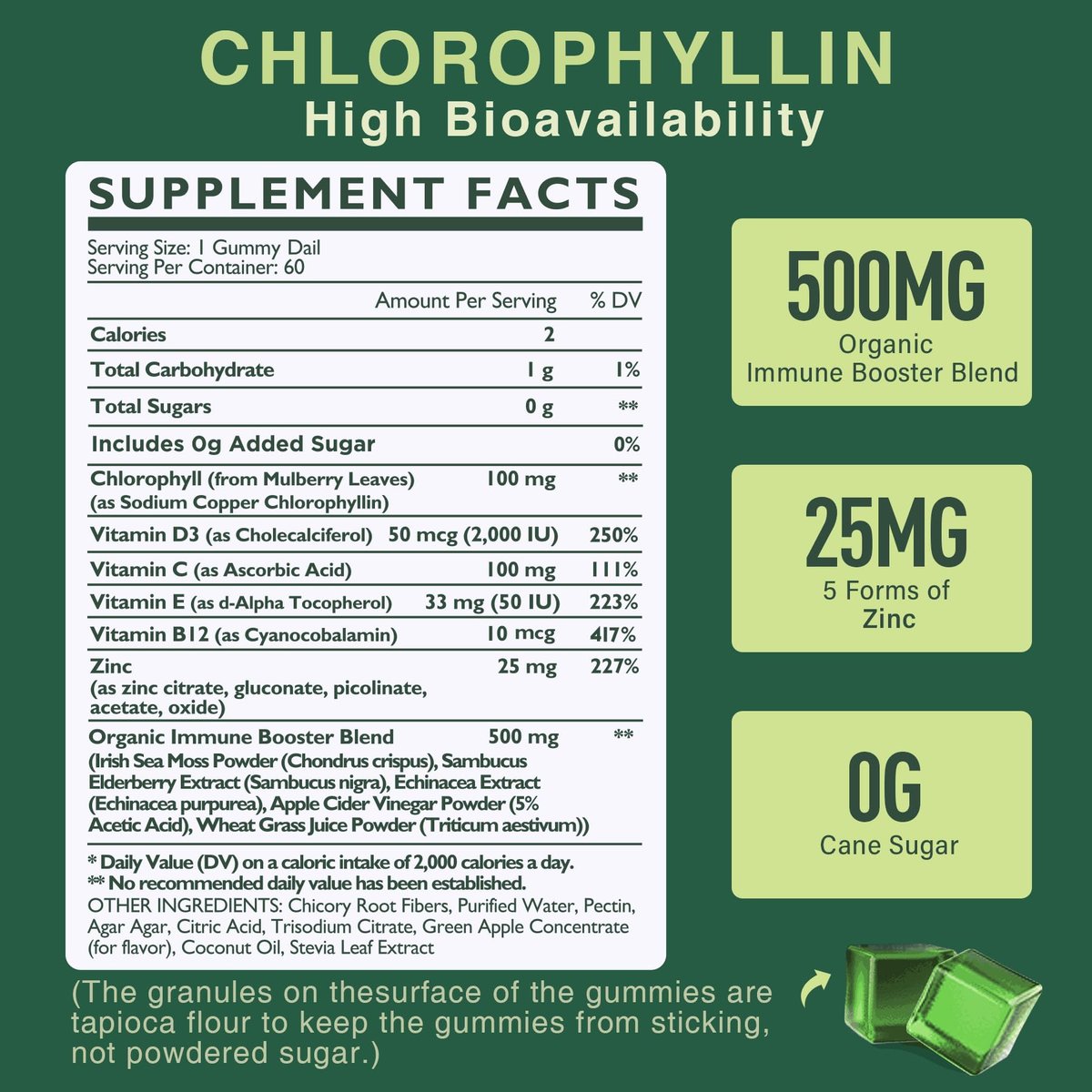 Chlorophyll Gummies - Super Green mit Weizengras, Seemoos, ungefiltertem ACV & Holunderbeere, Echinacea, Zink-Komplex & Vitamin D3, C, E, B12 für natürliches Deodorant, Immun- und Verdauungsunterstützung, 60 Kaugummis