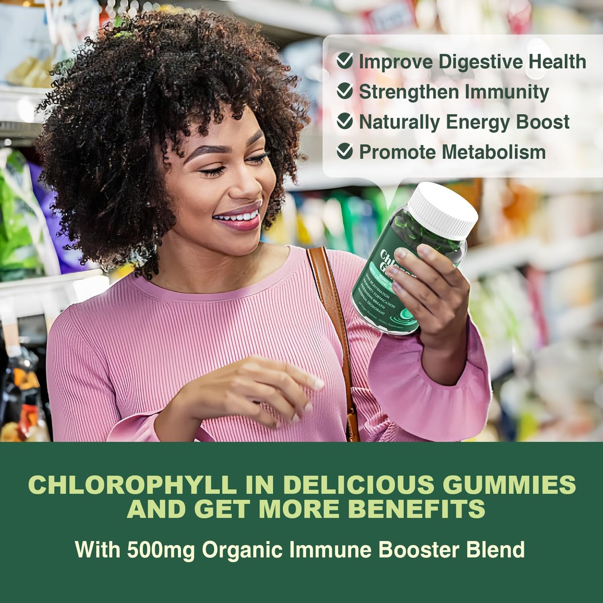 Chlorophyll Gummies - Super Green mit Weizengras, Seemoos, ungefiltertem ACV & Holunderbeere, Echinacea, Zink-Komplex & Vitamin D3, C, E, B12 für natürliches Deodorant, Immun- und Verdauungsunterstützung, 60 Kaugummis