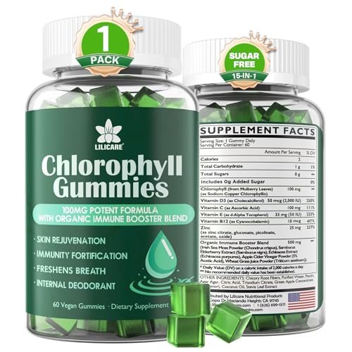Chlorophyll Gummies - Super Green mit Weizengras, Seemoos, ungefiltertem ACV & Holunderbeere, Echinacea, Zink-Komplex & Vitamin D3, C, E, B12 für natürliches Deodorant, Immun- und Verdauungsunterstützung, 60 Kaugummis