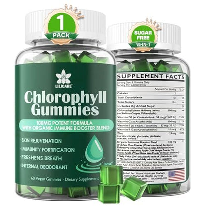 Chlorophyll Gummies - Super Green mit Weizengras, Seemoos, ungefiltertem ACV & Holunderbeere, Echinacea, Zink-Komplex & Vitamin D3, C, E, B12 für natürliches Deodorant, Immun- und Verdauungsunterstützung, 60 Kaugummis