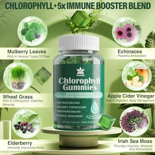 Chlorophyll Gummies - Super Green mit Weizengras, Seemoos, ungefiltertem ACV & Holunderbeere, Echinacea, Zink-Komplex & Vitamin D3, C, E, B12 für natürliches Deodorant, Immun- und Verdauungsunterstützung, 60 Kaugummis