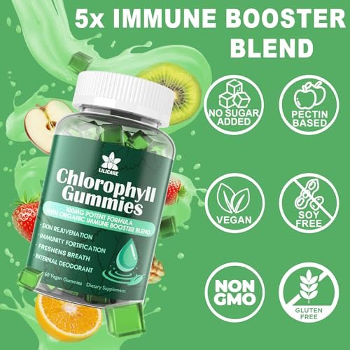 Chlorophyll Gummies - Super Green mit Weizengras, Seemoos, ungefiltertem ACV & Holunderbeere, Echinacea, Zink-Komplex & Vitamin D3, C, E, B12 für natürliches Deodorant, Immun- und Verdauungsunterstützung, 60 Kaugummis