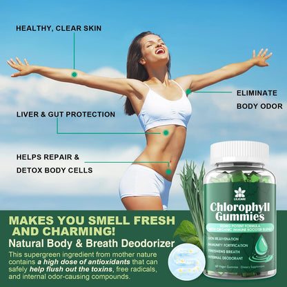 Chlorophyll Gummies - Super Green mit Weizengras, Seemoos, ungefiltertem ACV & Holunderbeere, Echinacea, Zink-Komplex & Vitamin D3, C, E, B12 für natürliches Deodorant, Immun- und Verdauungsunterstützung, 60 Kaugummis