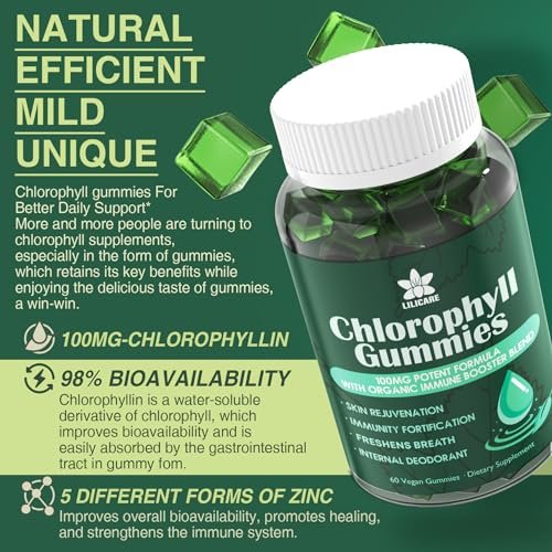 Chlorophyll Gummies - Super Green mit Weizengras, Seemoos, ungefiltertem ACV & Holunderbeere, Echinacea, Zink-Komplex & Vitamin D3, C, E, B12 für natürliches Deodorant, Immun- und Verdauungsunterstützung, 60 Kaugummis