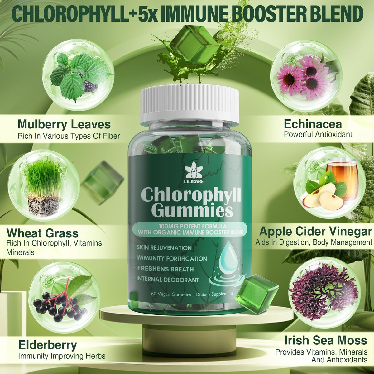 Chlorophyll Gummies - Super Green mit Weizengras, Seemoos, ungefiltertem ACV & Holunderbeere, Echinacea, Zink-Komplex & Vitamin D3, C, E, B12 für natürliches Deodorant, Immun- und Verdauungsunterstützung, 60 Kaugummis