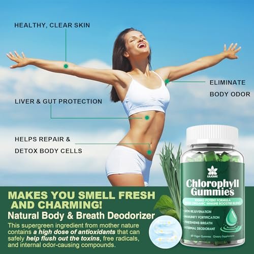Chlorophyll Gummies - Super Green mit Weizengras, Seemoos, ungefiltertem ACV & Holunderbeere, Echinacea, Zink-Komplex & Vitamin D3, C, E, B12 für natürliches Deodorant, Immun- und Verdauungsunterstützung, 60 Kaugummis