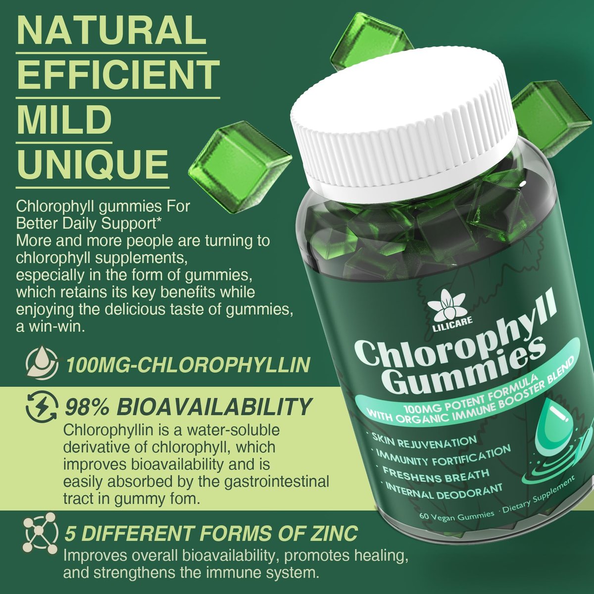 Chlorophyll Gummies - Super Green mit Weizengras, Seemoos, ungefiltertem ACV & Holunderbeere, Echinacea, Zink-Komplex & Vitamin D3, C, E, B12 für natürliches Deodorant, Immun- und Verdauungsunterstützung, 60 Kaugummis