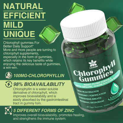 Chlorophyll Gummies - Super Green mit Weizengras, Seemoos, ungefiltertem ACV & Holunderbeere, Echinacea, Zink-Komplex & Vitamin D3, C, E, B12 für natürliches Deodorant, Immun- und Verdauungsunterstützung, 60 Kaugummis