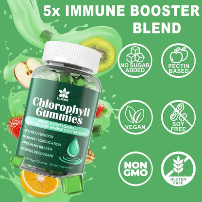Chlorophyll Gummies - Super Green mit Weizengras, Seemoos, ungefiltertem ACV & Holunderbeere, Echinacea, Zink-Komplex & Vitamin D3, C, E, B12 für natürliches Deodorant, Immun- und Verdauungsunterstützung, 60 Kaugummis