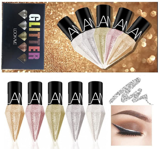 Go Ho Glitter Liquid Eyeliner Set – 5 Farben Metallic Shimmer Weiß Silber Gold Diamond Eye Liner, wasserfest, langanhaltend, Glitzer Eyeliner für funkelnde Augen
