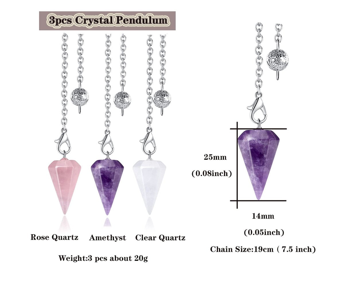 DUQGUHO 3-teiliges Kristallpendel-Set für Wahrsagerei und Wünschelruten – natürlicher Amethyst, Rosenquarz, klarer Quarz – Heilsteine für Reiki, Hexerei und Wicca-Zubehör