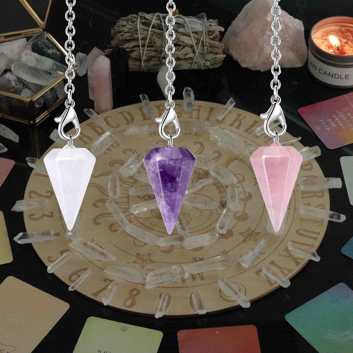 DUQGUHO 3-teiliges Kristallpendel-Set für Wahrsagerei und Wünschelruten – natürlicher Amethyst, Rosenquarz, klarer Quarz – Heilsteine für Reiki, Hexerei und Wicca-Zubehör