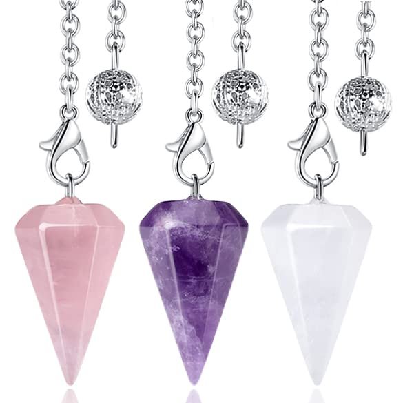 DUQGUHO 3-teiliges Kristallpendel-Set für Wahrsagerei und Wünschelruten – natürlicher Amethyst, Rosenquarz, klarer Quarz – Heilsteine für Reiki, Hexerei und Wicca-Zubehör