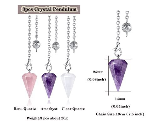 DUQGUHO 3-teiliges Kristallpendel-Set für Wahrsagerei und Wünschelruten – natürlicher Amethyst, Rosenquarz, klarer Quarz – Heilsteine für Reiki, Hexerei und Wicca-Zubehör