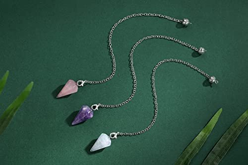 DUQGUHO 3-teiliges Kristallpendel-Set für Wahrsagerei und Wünschelruten – natürlicher Amethyst, Rosenquarz, klarer Quarz – Heilsteine für Reiki, Hexerei und Wicca-Zubehör