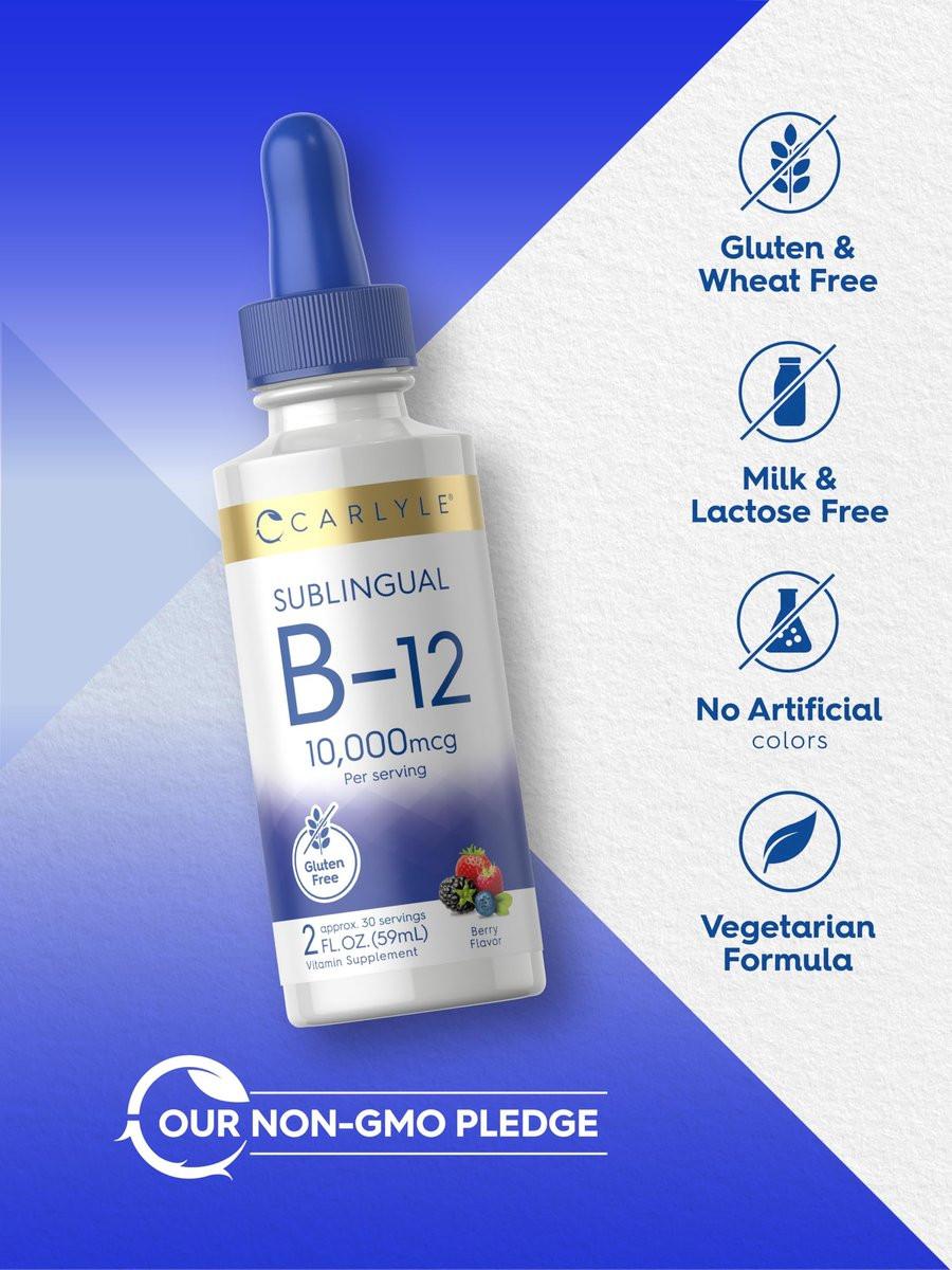 Carlyle Vitamin B12 Sublingual Liquid Tropfen | 10.000 mcg | 60 ml | Vegetarisch, Nicht-GVO, Glutenfrei