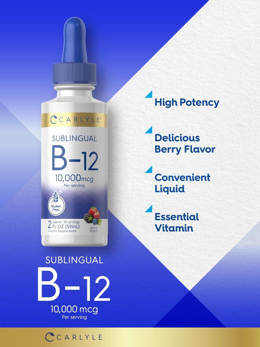 Carlyle Vitamin B12 Sublingual Liquid Tropfen | 10.000 mcg | 60 ml | Vegetarisch, Nicht-GVO, Glutenfrei
