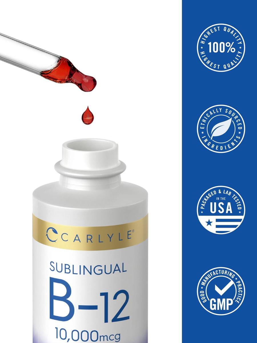 Carlyle Vitamin B12 Sublingual Liquid Tropfen | 10.000 mcg | 60 ml | Vegetarisch, Nicht-GVO, Glutenfrei