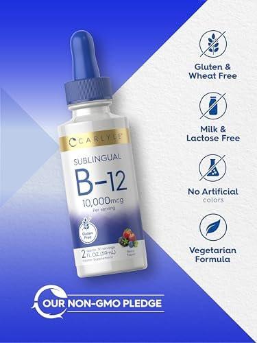 Carlyle Vitamin B12 Sublingual Liquid Tropfen | 10.000 mcg | 60 ml | Vegetarisch, Nicht-GVO, Glutenfrei