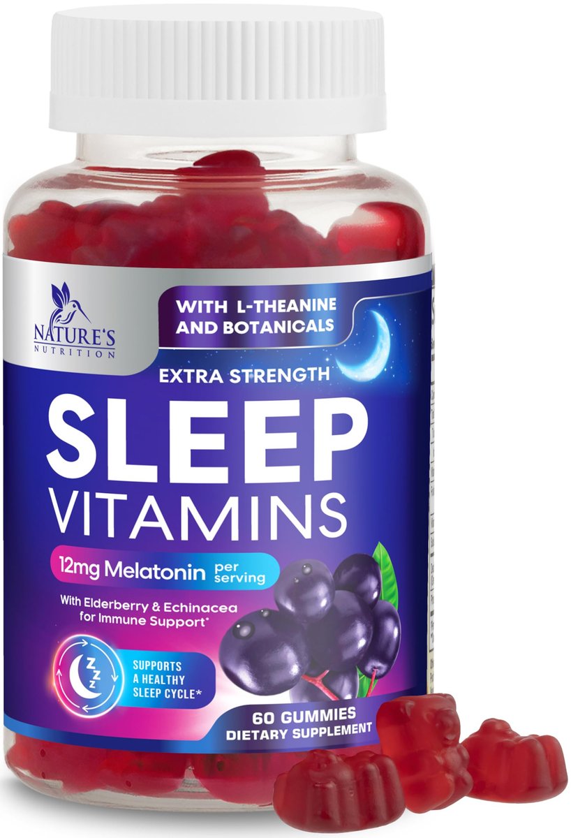 Nature's Nutrition Schlafgummis mit Melatonin 12 mg pro Portion - Extra starke Schlafvitamingummis, natürliche Melamingummis, gelegentliche Schlafunterstützung für Erwachsene, vegan, Gomitas para Dormir - 60 Gummis