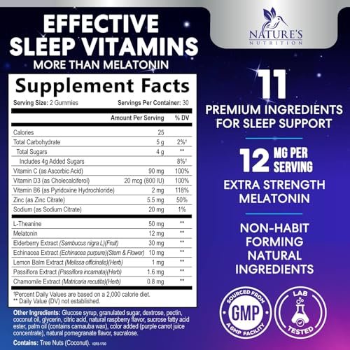 Nature's Nutrition Schlafgummis mit Melatonin 12 mg pro Portion - Extra starke Schlafvitamingummis, natürliche Melamingummis, gelegentliche Schlafunterstützung für Erwachsene, vegan, Gomitas para Dormir - 60 Gummis