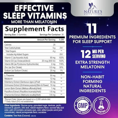 Nature's Nutrition Schlafgummis mit Melatonin 12 mg pro Portion - Extra starke Schlafvitamingummis, natürliche Melamingummis, gelegentliche Schlafunterstützung für Erwachsene, vegan, Gomitas para Dormir - 60 Gummis