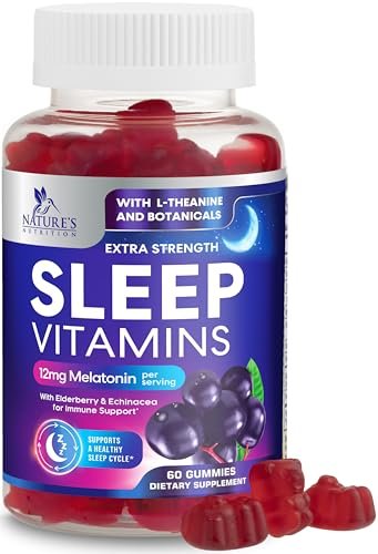 Nature's Nutrition Schlafgummis mit Melatonin 12 mg pro Portion - Extra starke Schlafvitamingummis, natürliche Melamingummis, gelegentliche Schlafunterstützung für Erwachsene, vegan, Gomitas para Dormir - 60 Gummis
