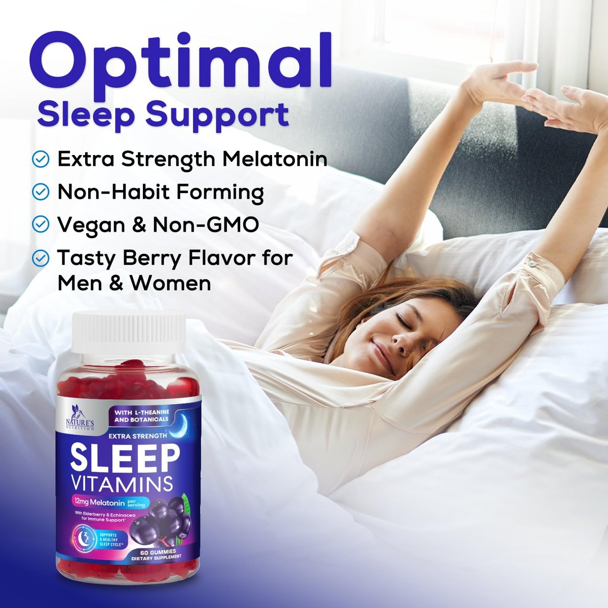 Nature's Nutrition Schlafgummis mit Melatonin 12 mg pro Portion - Extra starke Schlafvitamingummis, natürliche Melamingummis, gelegentliche Schlafunterstützung für Erwachsene, vegan, Gomitas para Dormir - 60 Gummis