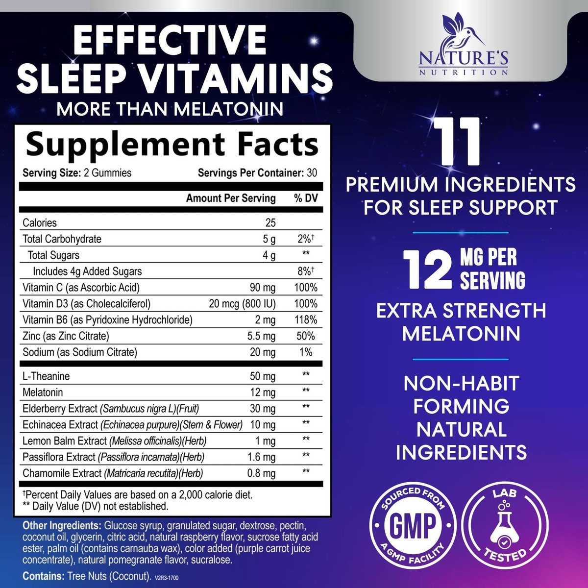 Nature's Nutrition Schlafgummis mit Melatonin 12 mg pro Portion - Extra starke Schlafvitamingummis, natürliche Melamingummis, gelegentliche Schlafunterstützung für Erwachsene, vegan, Gomitas para Dormir - 60 Gummis