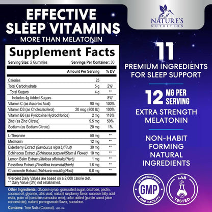Nature's Nutrition Schlafgummis mit Melatonin 12 mg pro Portion - Extra starke Schlafvitamingummis, natürliche Melamingummis, gelegentliche Schlafunterstützung für Erwachsene, vegan, Gomitas para Dormir - 60 Gummis