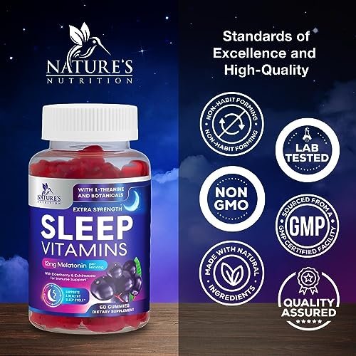 Nature's Nutrition Schlafgummis mit Melatonin 12 mg pro Portion - Extra starke Schlafvitamingummis, natürliche Melamingummis, gelegentliche Schlafunterstützung für Erwachsene, vegan, Gomitas para Dormir - 60 Gummis