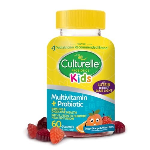 Culturelle Kids Probiotische Gummibärchen für Kinder ab 2 Jahren - Pfirsich-Orange & Mischbeeren-Geschmack - Unterstützt Verdauung, Immunsystem und Augengesundheit mit Lutein, 60 Stück