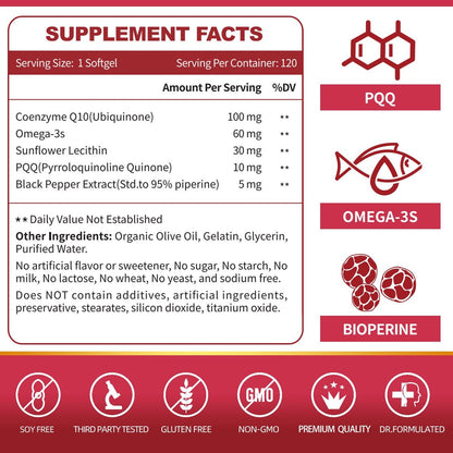 ZEBORA CoQ10 100 mg Weichkapseln mit PQQ, BioPerin & Omega-3 – Hochabsorbierendes Coenzym Q10, Starkes Antioxidans, Unterstützt Herz & Energieproduktion, 120 Portionen, Nicht-GVO