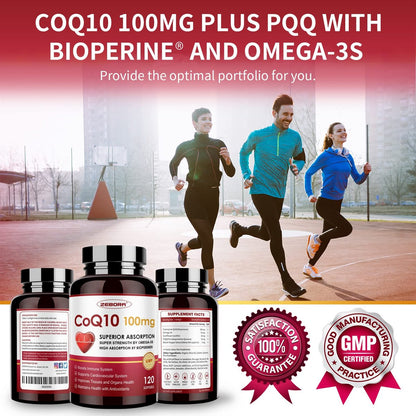 ZEBORA CoQ10 100 mg Weichkapseln mit PQQ, BioPerin & Omega-3 – Hochabsorbierendes Coenzym Q10, Starkes Antioxidans, Unterstützt Herz & Energieproduktion, 120 Portionen, Nicht-GVO