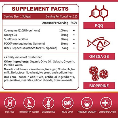 ZEBORA CoQ10 100 mg Weichkapseln mit PQQ, BioPerin & Omega-3 – Hochabsorbierendes Coenzym Q10, Starkes Antioxidans, Unterstützt Herz & Energieproduktion, 120 Portionen, Nicht-GVO