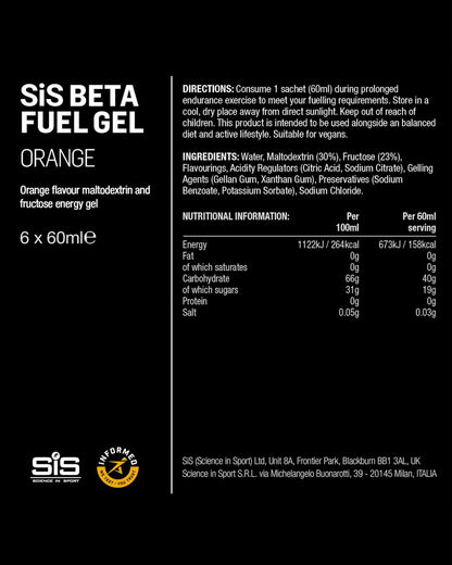 Science in Sport BETA Fuel Gel - Dual-Quellen-Energiegel - Isotonischer Gel - Schnell absorbierende Kohlenhydrat-Energie - Sporternährung - Magenschonend - Tragbar - Orangengeschmack - 6er-Pack