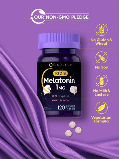 Carlyle Kinder Melatonin 1mg | 120 Kautabletten | Fruchtgeschmack | Vegetarisches Nahrungsergänzungsmittel | Non-GMO, Glutenfrei