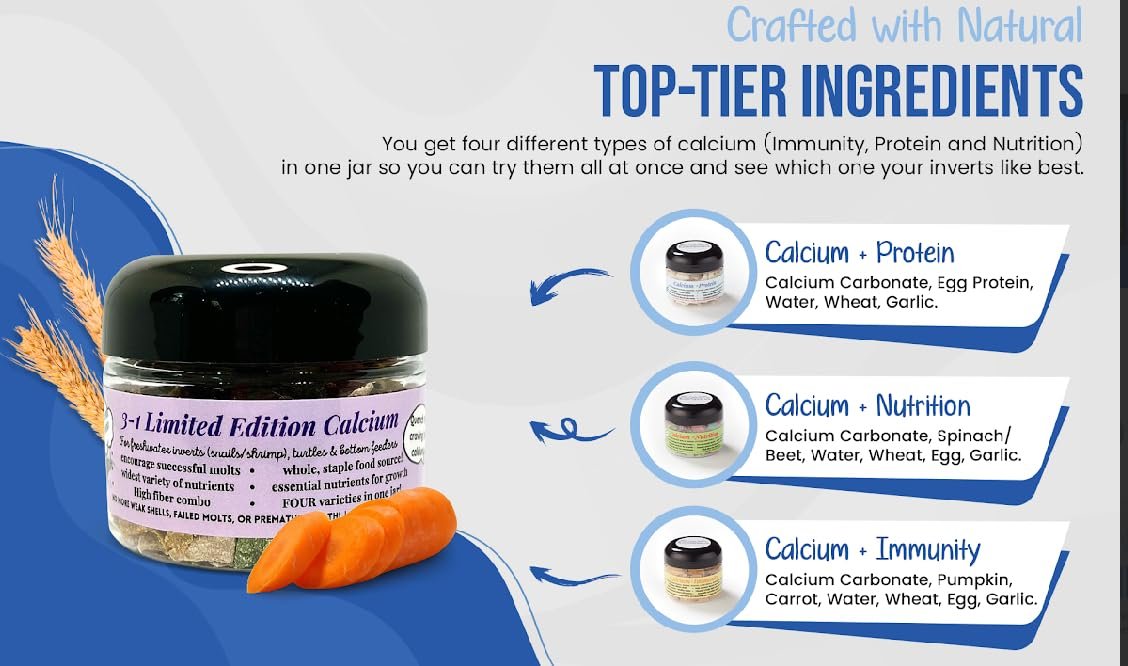 KatsAquatics Unlimited Edition Calcium – 3 Geschmacksrichtungen in einem Glas, für starke Panzer, gesunde Häutungen, 100% natürlich, löst sich nicht in Wasser, schnell sinkend für Garnelen, Schnecken & mehr! Biologe hergestellt in USA