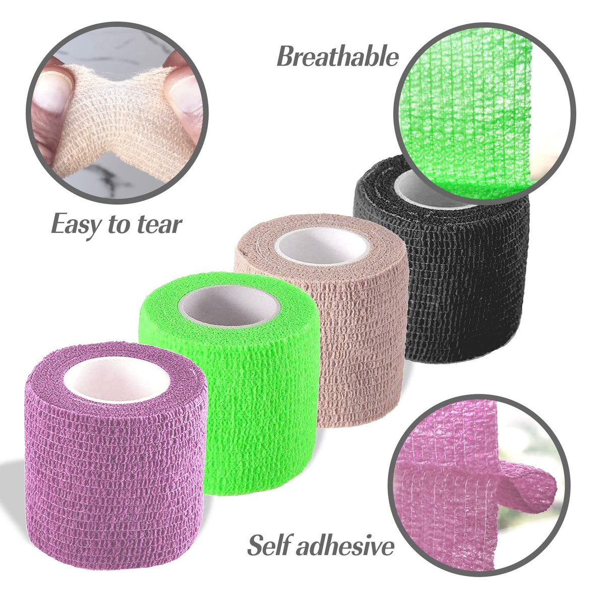 Selbstklebende Bandage-Wickel, Selbsthaftende Bandage, Vet Wrap für Hunde, Kohäsive Wickelbandagen für Sport, Erste Hilfe, Handgelenk, Knöchel, 4er-Pack, 2 Zoll