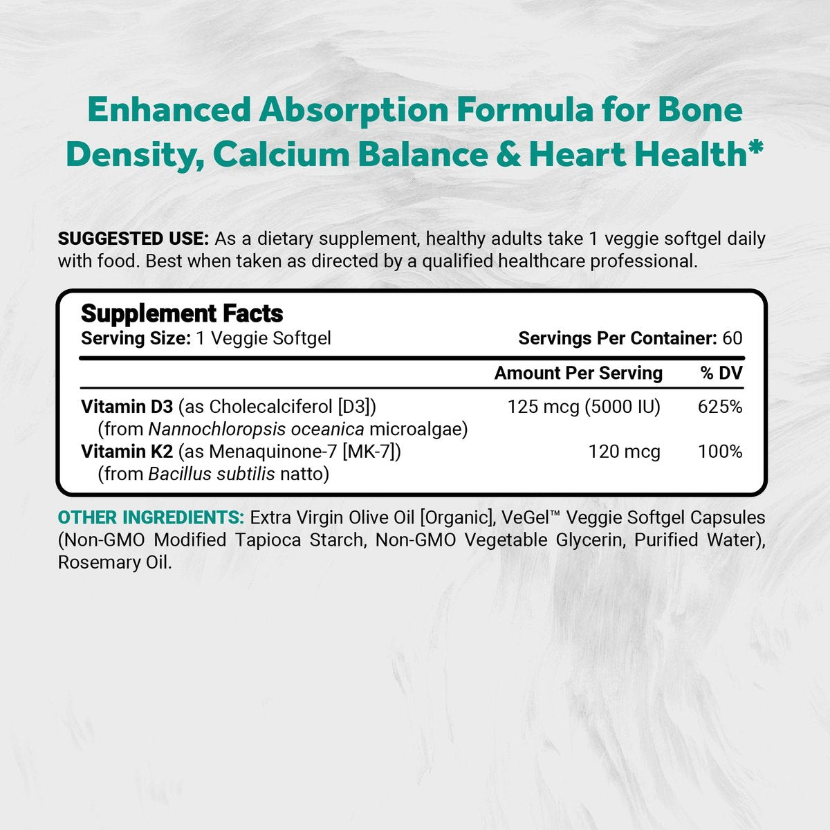 Naturalis Veganes Vitamin D3+K2 aus Algen | 5000 IE D3 mit 120 mcg MK7 | Vegan Society zertifiziert, nachhaltig, besser als tierisches | Unterstützt Knochen- & Immunsystem* | 60 Softgels
