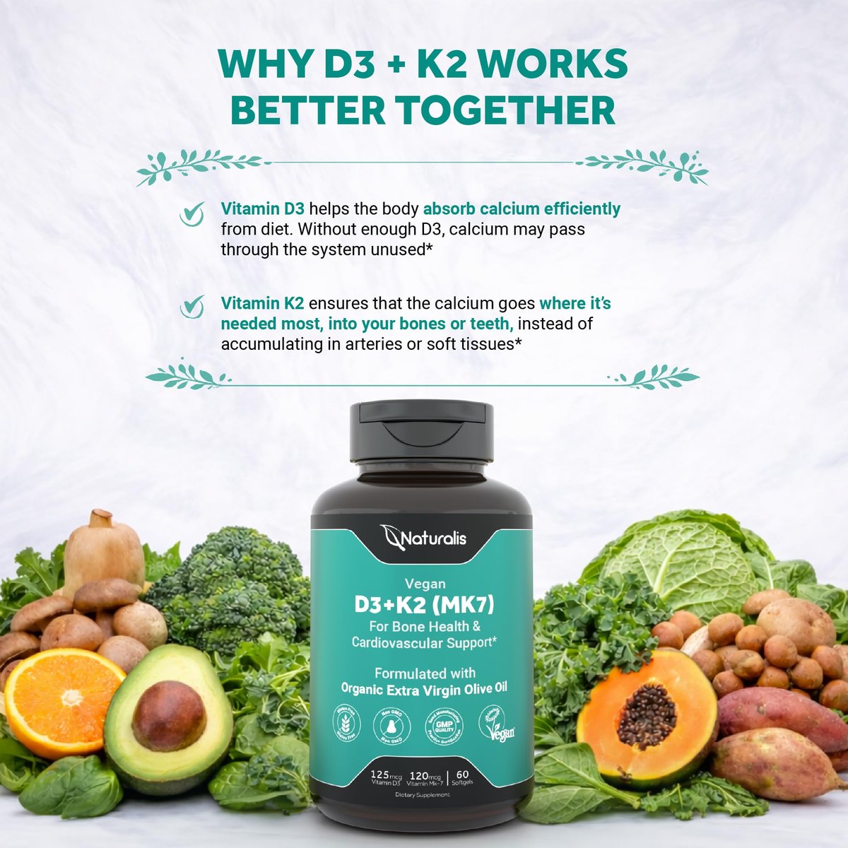 Naturalis Veganes Vitamin D3+K2 aus Algen | 5000 IE D3 mit 120 mcg MK7 | Vegan Society zertifiziert, nachhaltig, besser als tierisches | Unterstützt Knochen- & Immunsystem* | 60 Softgels