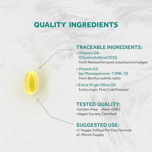 Naturalis Veganes Vitamin D3+K2 aus Algen | 5000 IE D3 mit 120 mcg MK7 | Vegan Society zertifiziert, nachhaltig, besser als tierisches | Unterstützt Knochen- & Immunsystem* | 60 Softgels