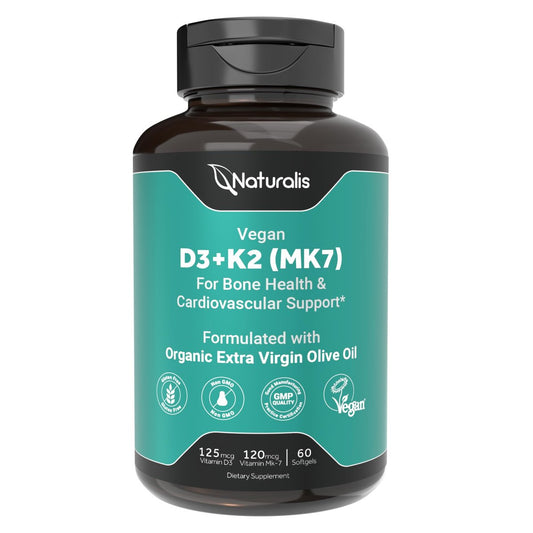 Naturalis Veganes Vitamin D3+K2 aus Algen | 5000 IE D3 mit 120 mcg MK7 | Vegan Society zertifiziert, nachhaltig, besser als tierisches | Unterstützt Knochen- & Immunsystem* | 60 Softgels