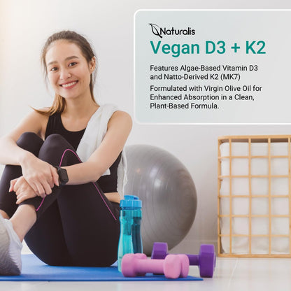 Naturalis Veganes Vitamin D3+K2 aus Algen | 5000 IE D3 mit 120 mcg MK7 | Vegan Society zertifiziert, nachhaltig, besser als tierisches | Unterstützt Knochen- & Immunsystem* | 60 Softgels